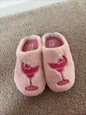 Pink Fuzzy Slippers with Strawberry Cocktail Embroidery